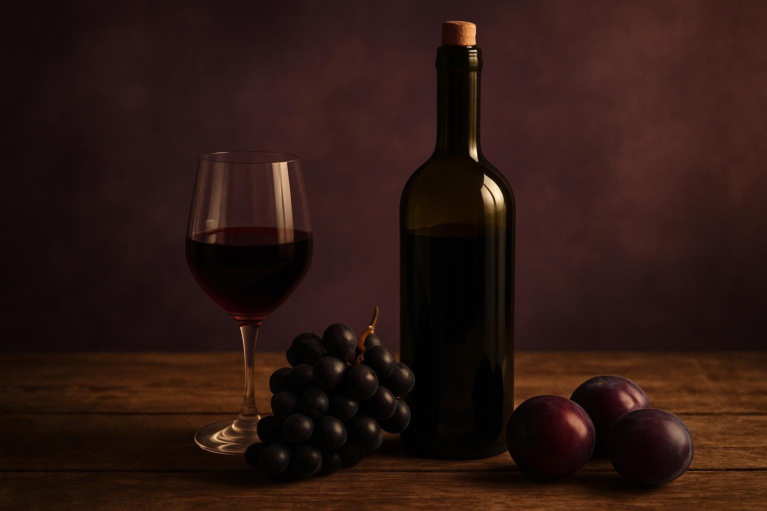 Bottle and glass of Montepulciano red wine with dark grapes and plums on a timber table