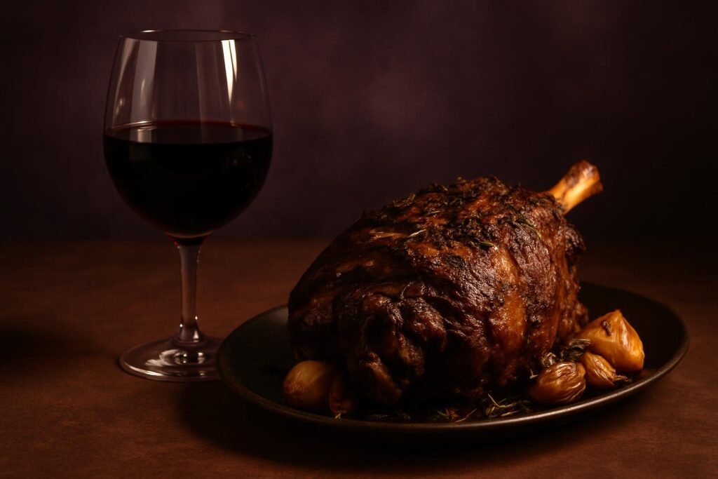 Glass of Mourvèdre beside slow-roasted lamb