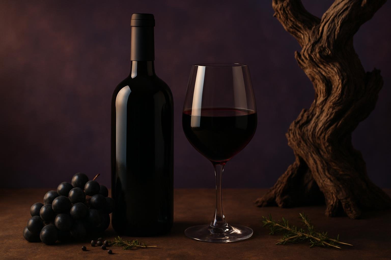 Glass and bottle of Mourvèdre with black grapes, thyme and peppercorns