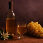Glass and bottle of Muscat with golden grapes and orange blossom