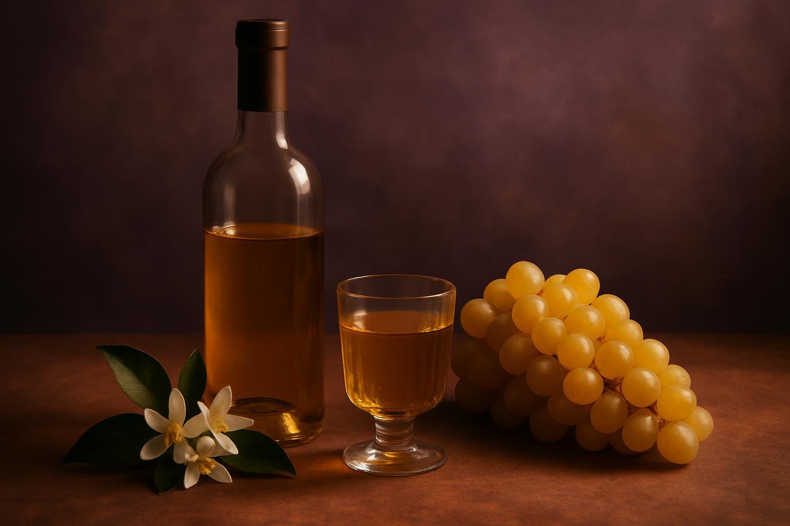 Glass and bottle of Muscat with golden grapes and orange blossom