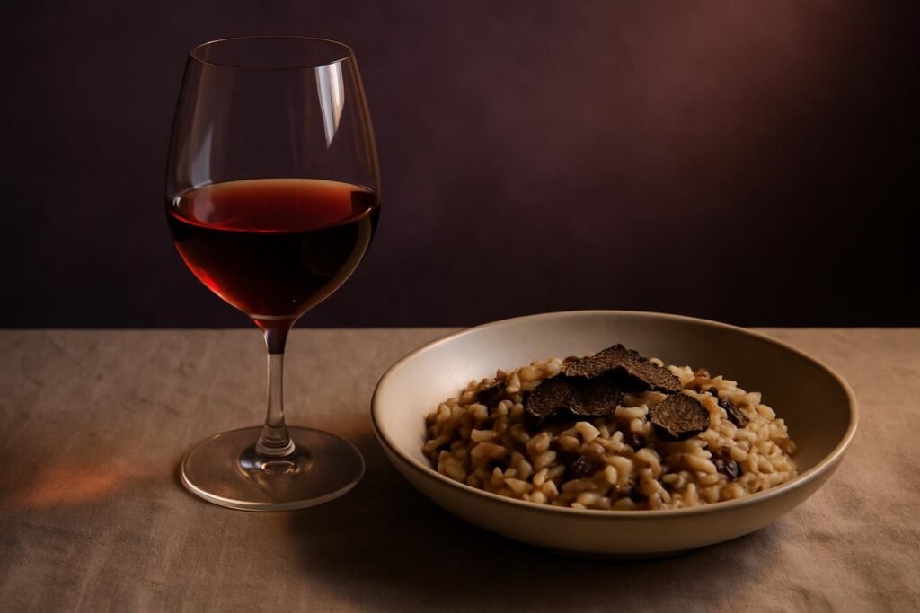Nebbiolo Wine Guide: The Fog-Born King of Piedmont 2 Glass of Nebbiolo beside mushroom risotto with shaved truffle on a linen tablecloth