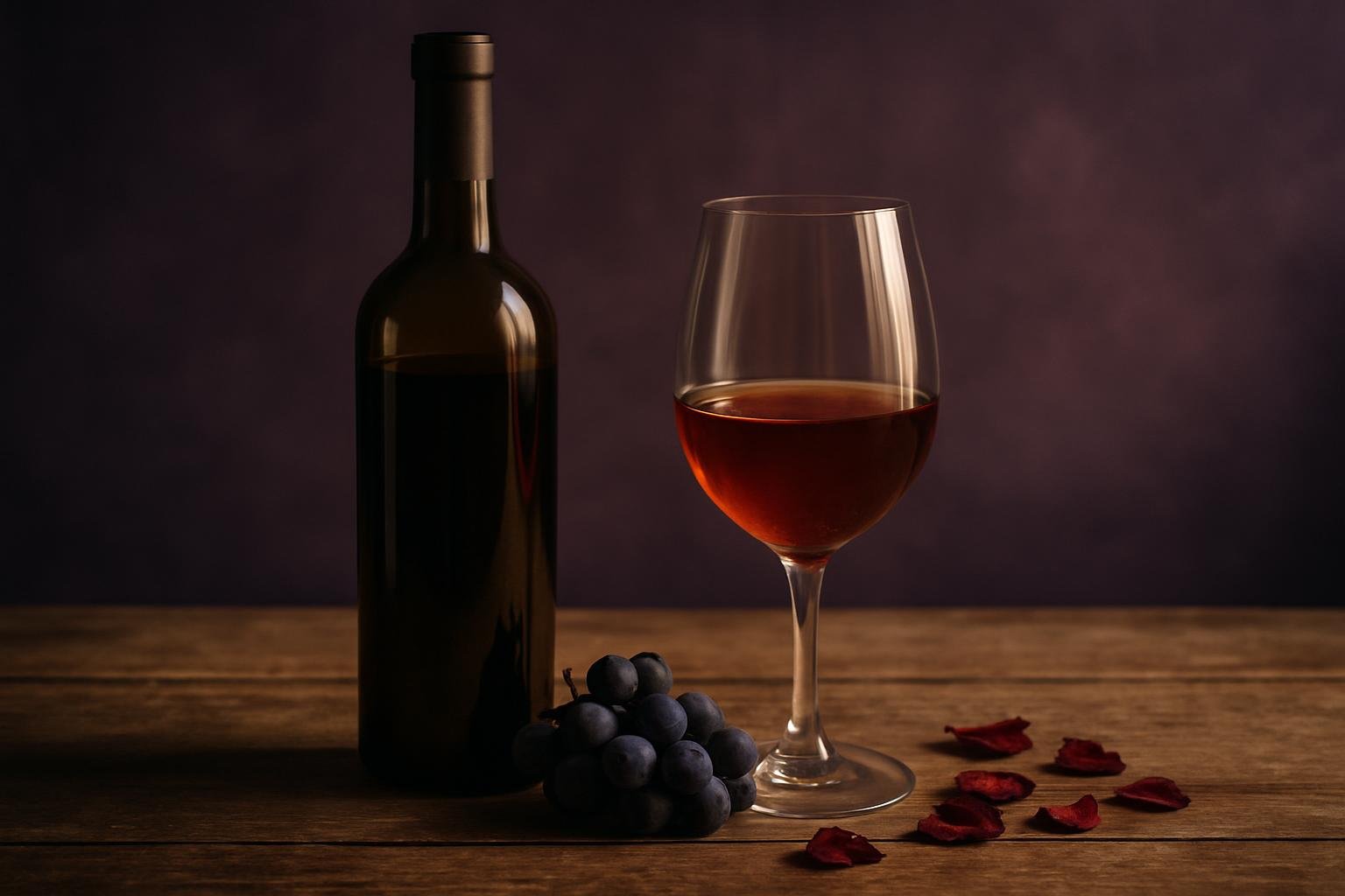 Bottle and glass of pale garnet Nebbiolo with dark grapes and dried rose petals on a timber table