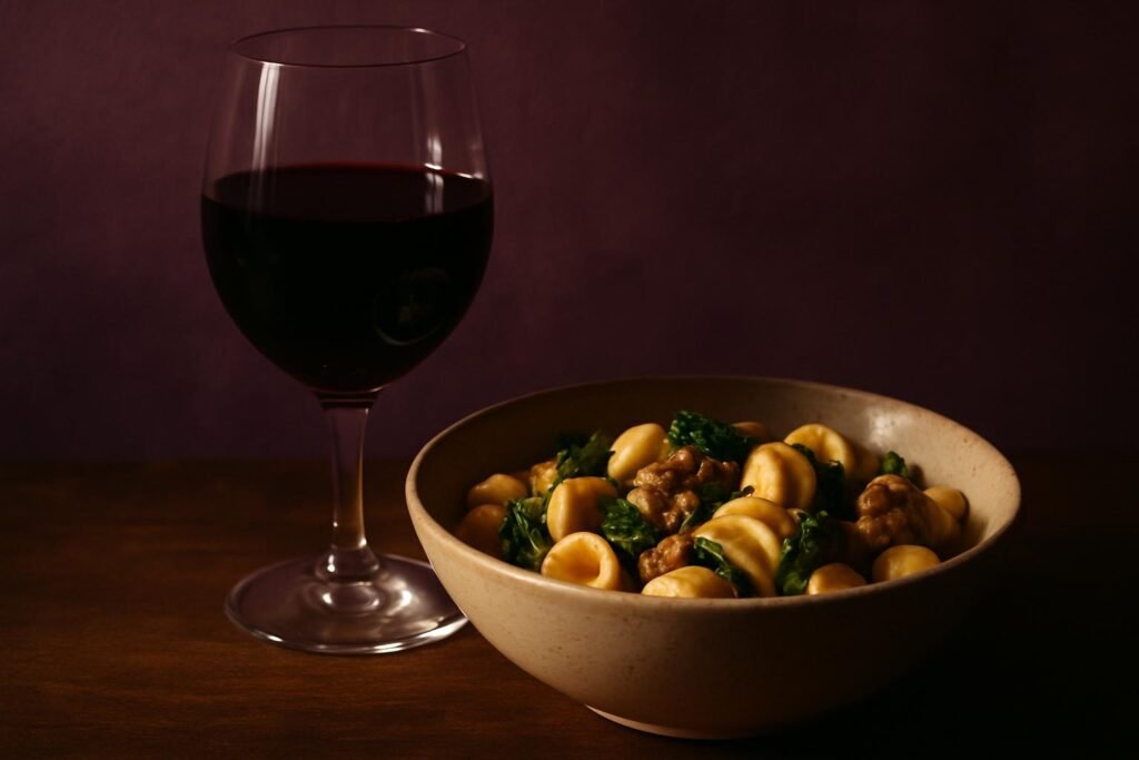 Glass of Negroamaro beside orecchiette with sausage