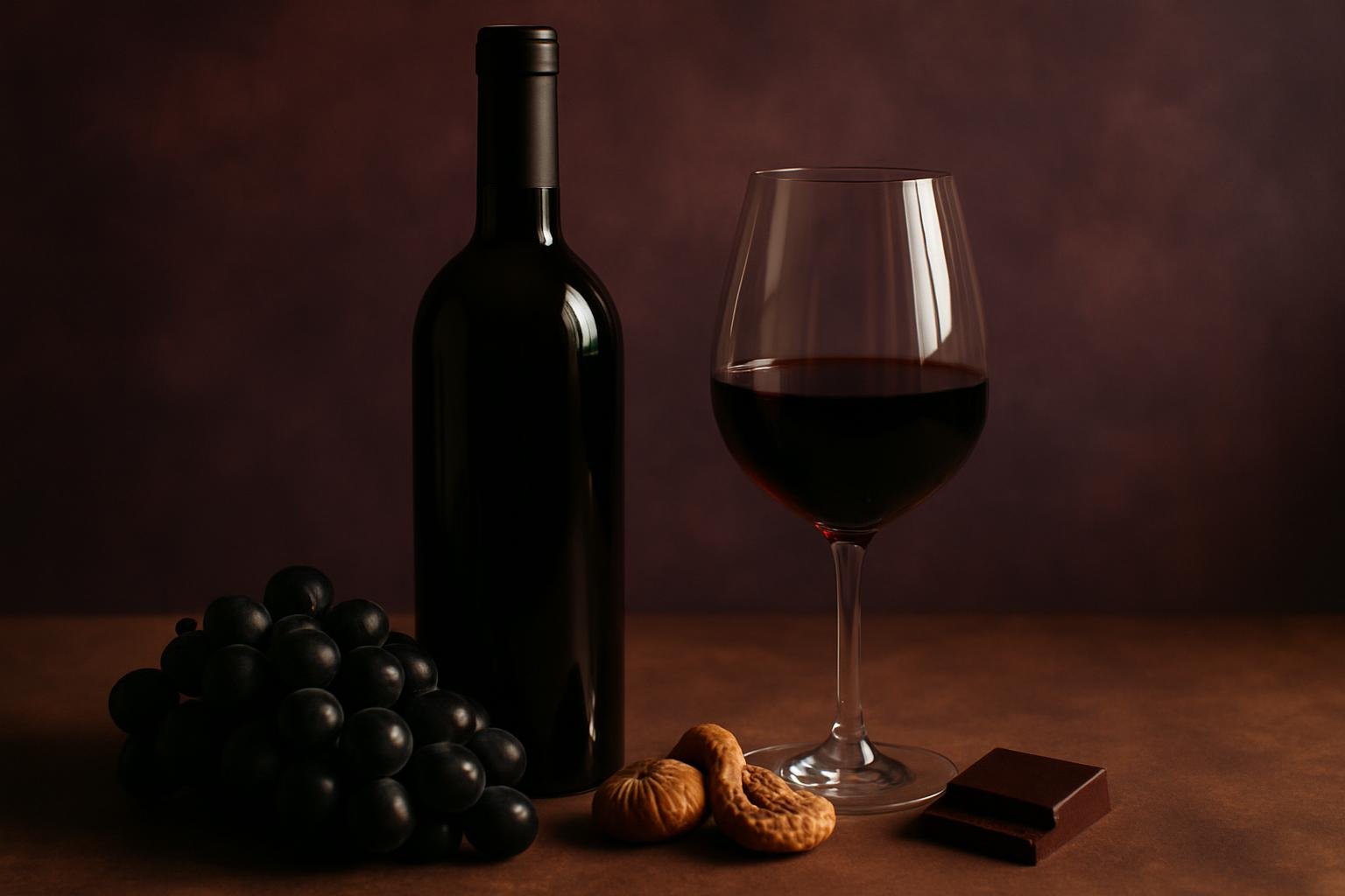 Glass and bottle of Negroamaro with black grapes, dried figs and dark chocolate