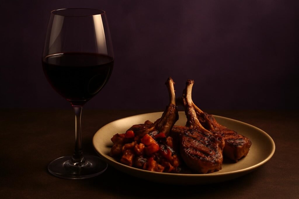 Glass of Nero d'Avola beside grilled lamb cutlets and caponata