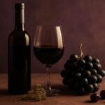 Glass and bottle of Nero d'Avola with black grapes, oregano and cherries