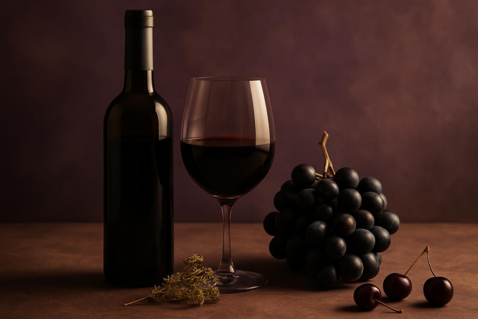 Glass and bottle of Nero d'Avola with black grapes, oregano and cherries