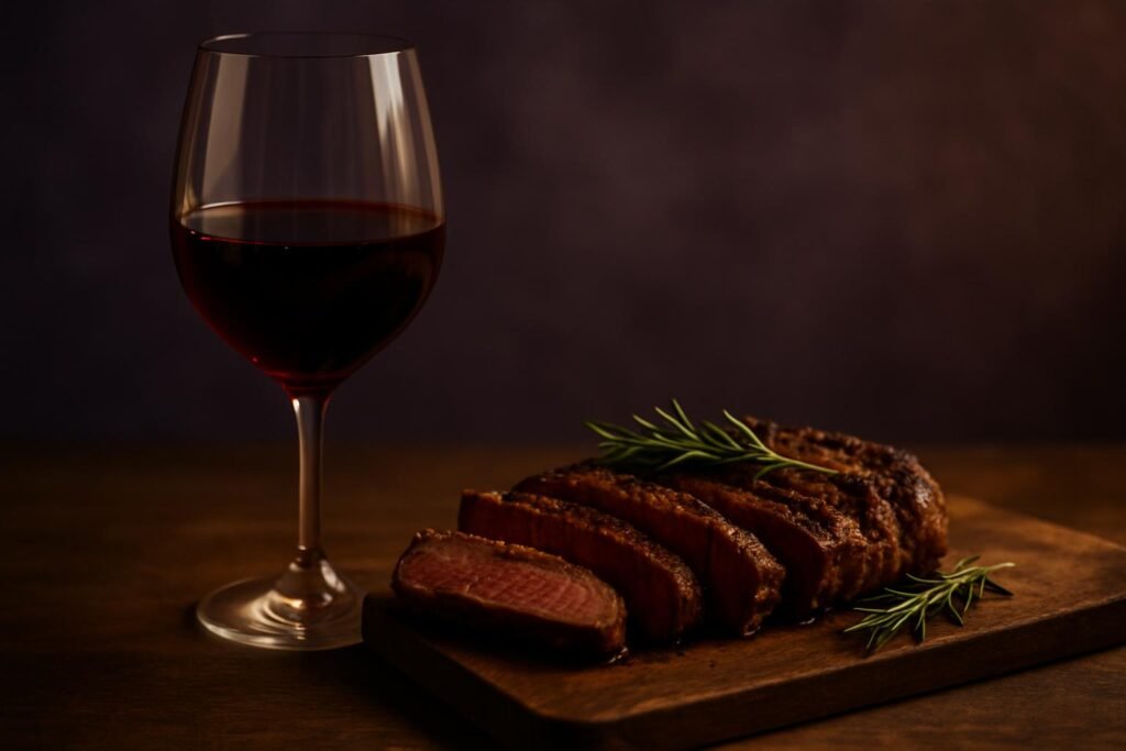 Glass of Petit Verdot beside a sliced grilled steak
