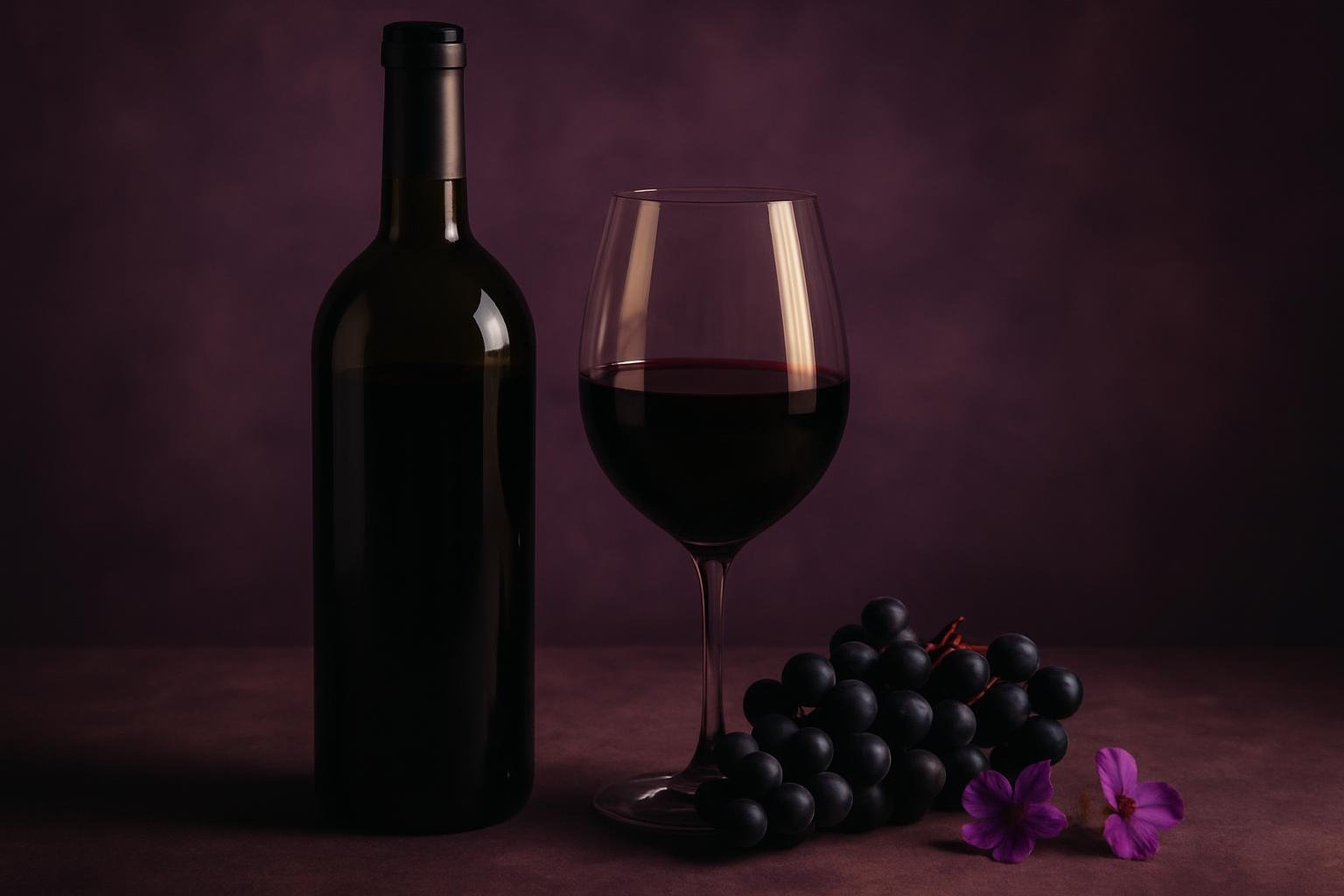 Glass and bottle of Petit Verdot with small black grapes and violets