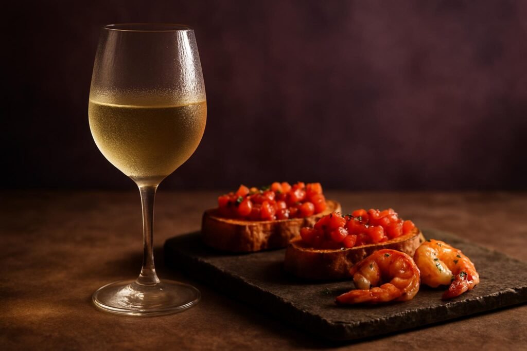 Chilled glass of Pinot Grigio beside tomato bruschetta and grilled prawns