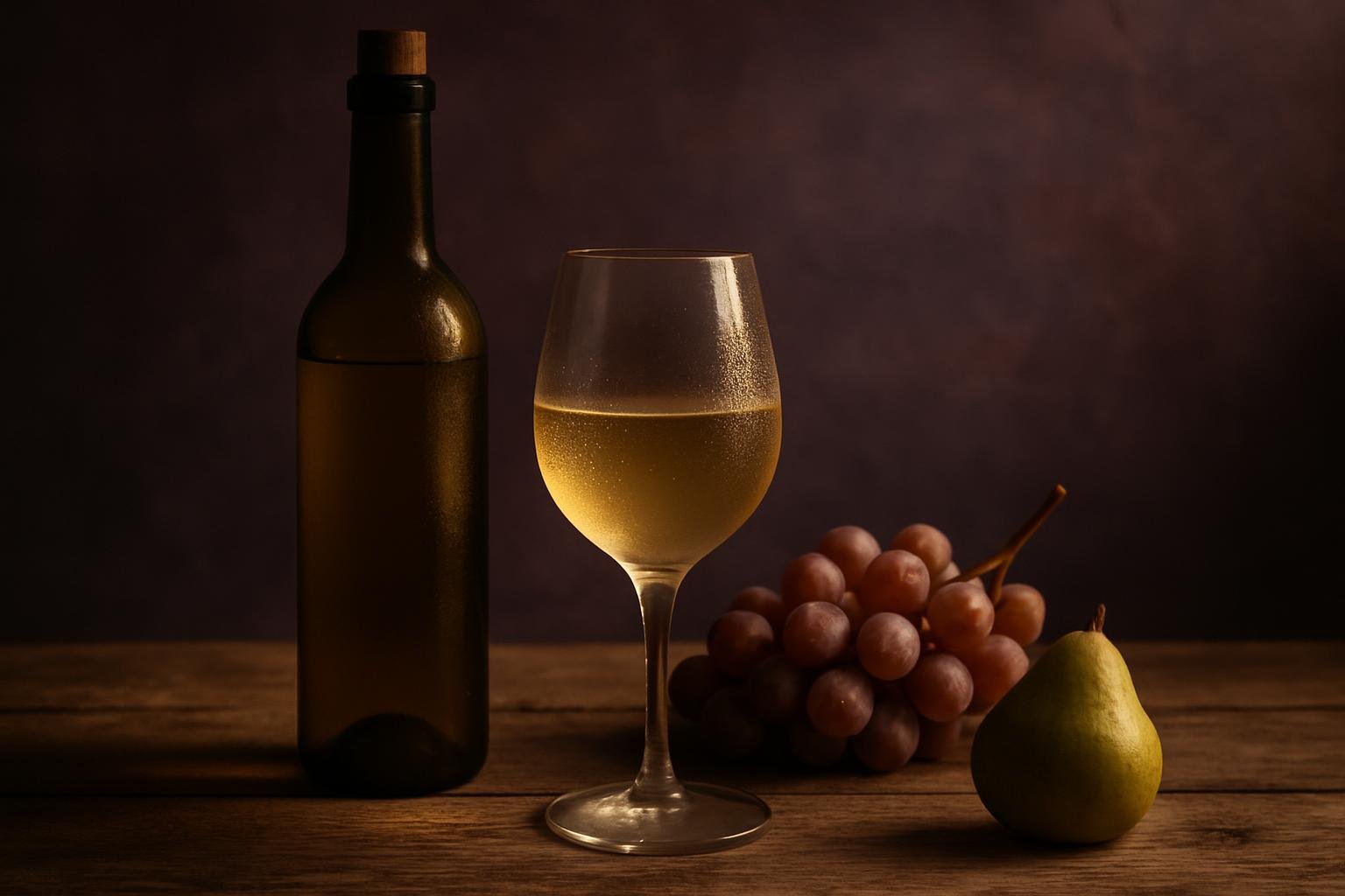 Bottle and chilled glass of Pinot Grigio with grapes and a pear on a timber table
