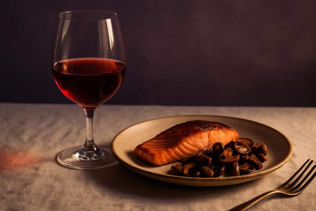 Glass of Pinot Noir beside seared salmon and mushrooms on a linen tablecloth