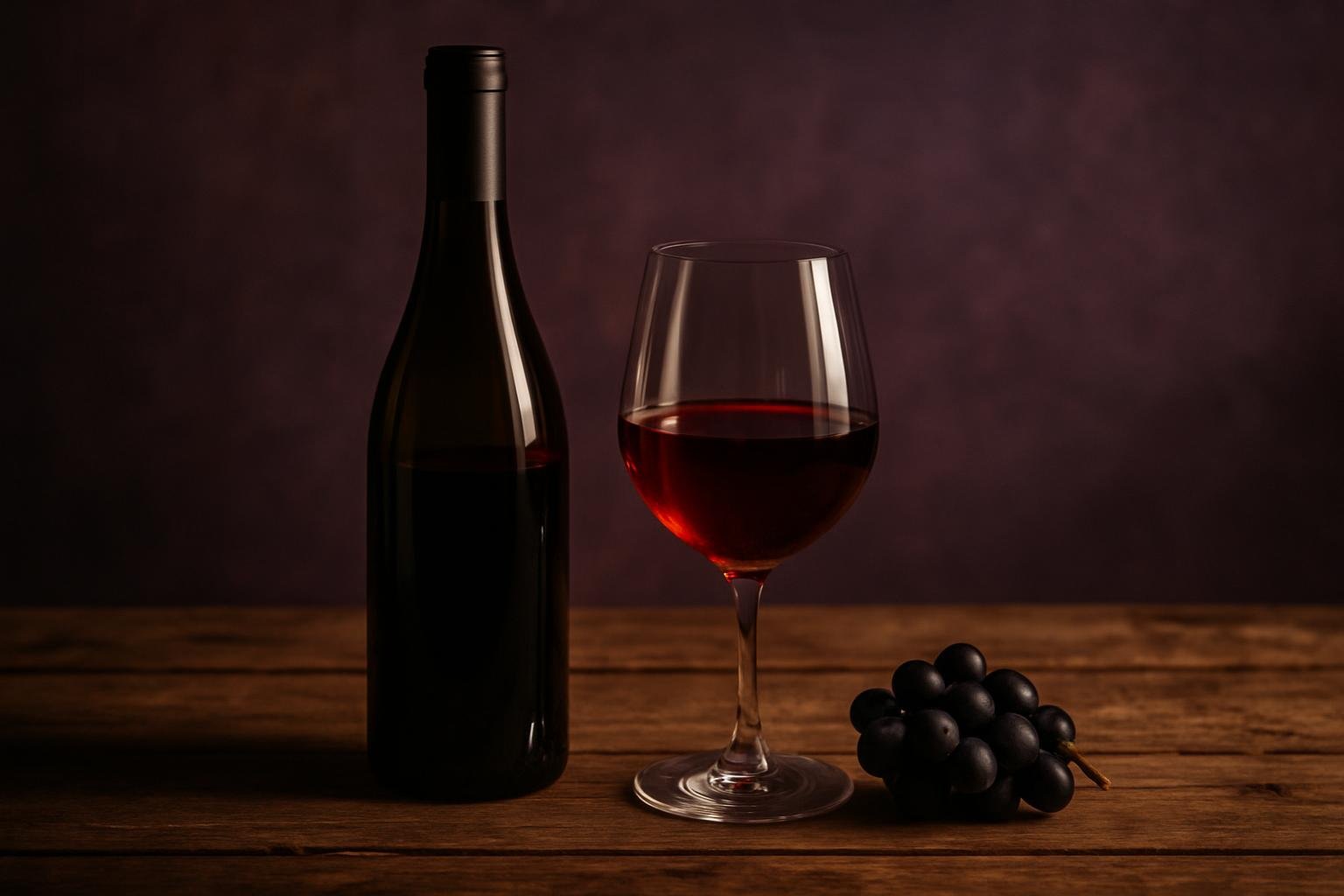 Bottle and glass of ruby Pinot Noir with a small bunch of dark grapes on a timber table