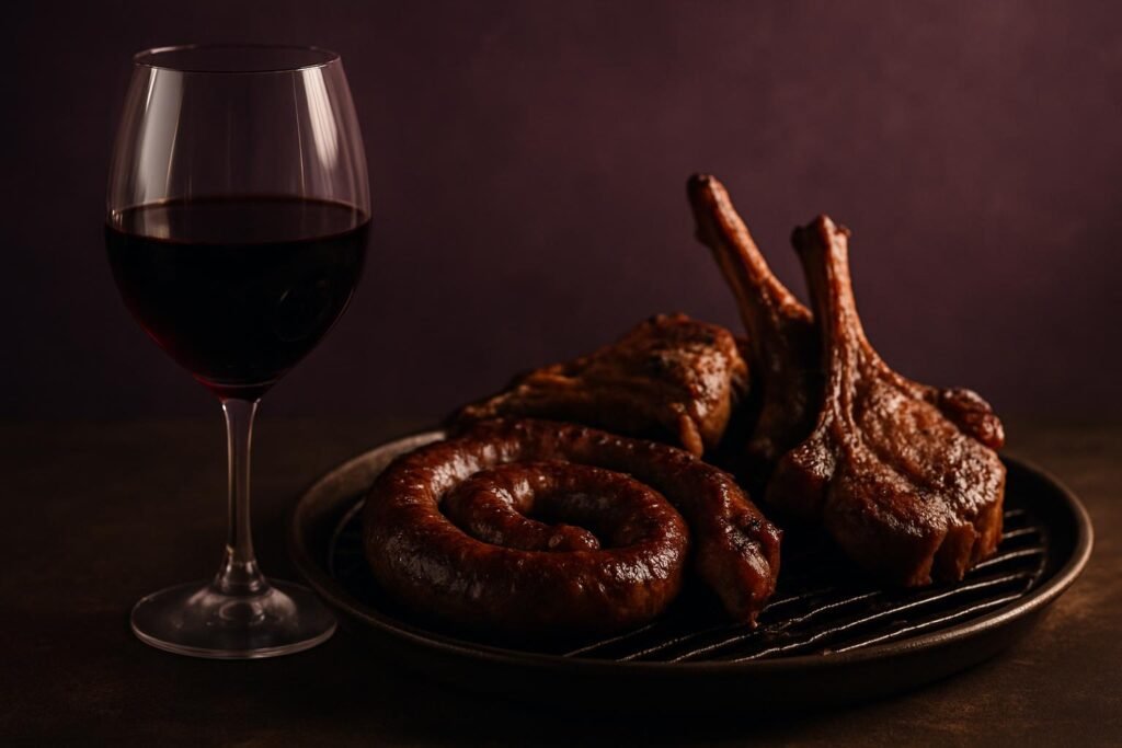 Glass of Pinotage beside boerewors and lamb chops on a grill