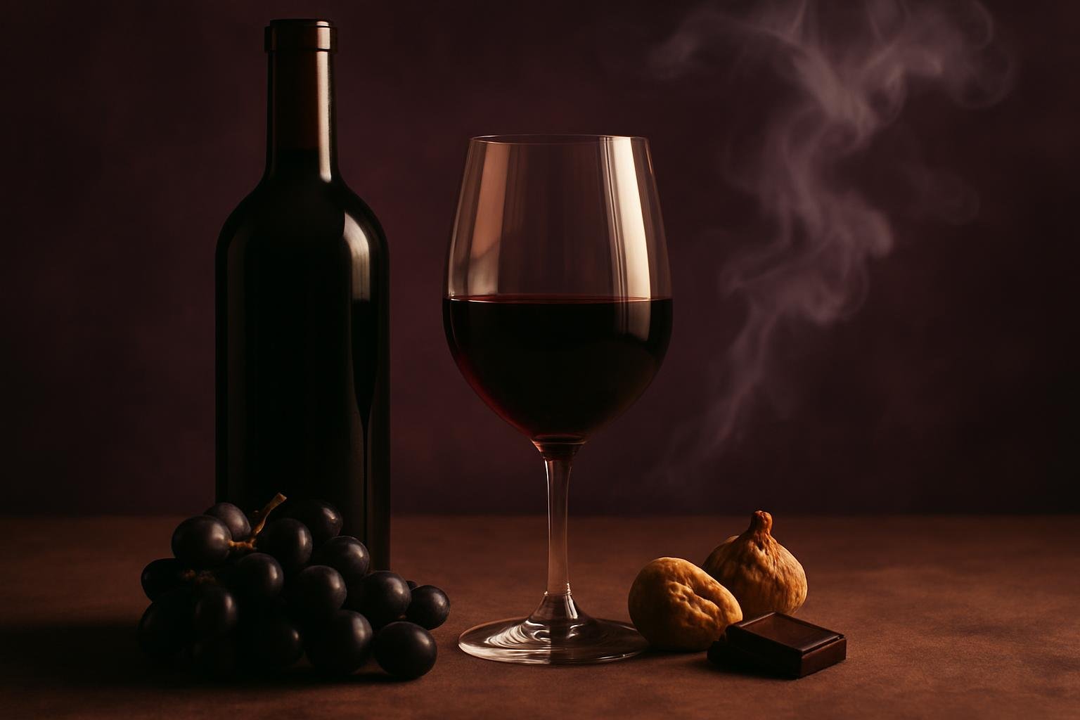 Glass and bottle of Pinotage with black grapes, dried figs and dark chocolate