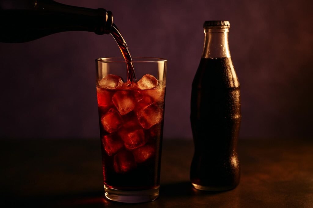 Red wine poured over ice with a bottle of cola beside the glass