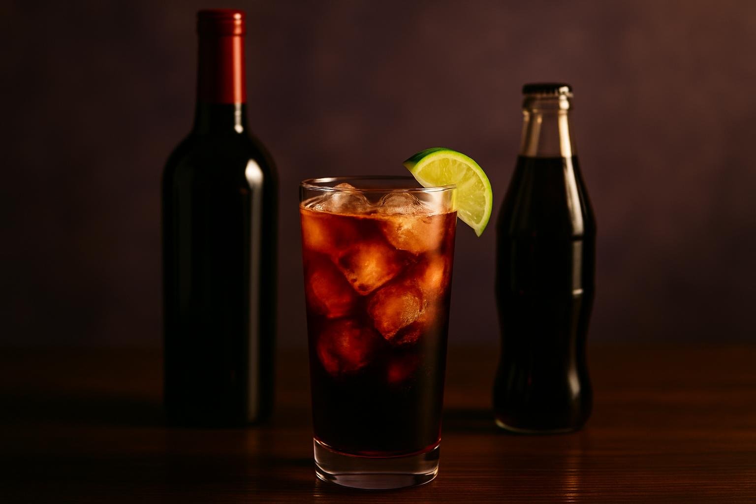 Tall iced glass of red wine and cola with a lime wedge beside a bottle of red wine