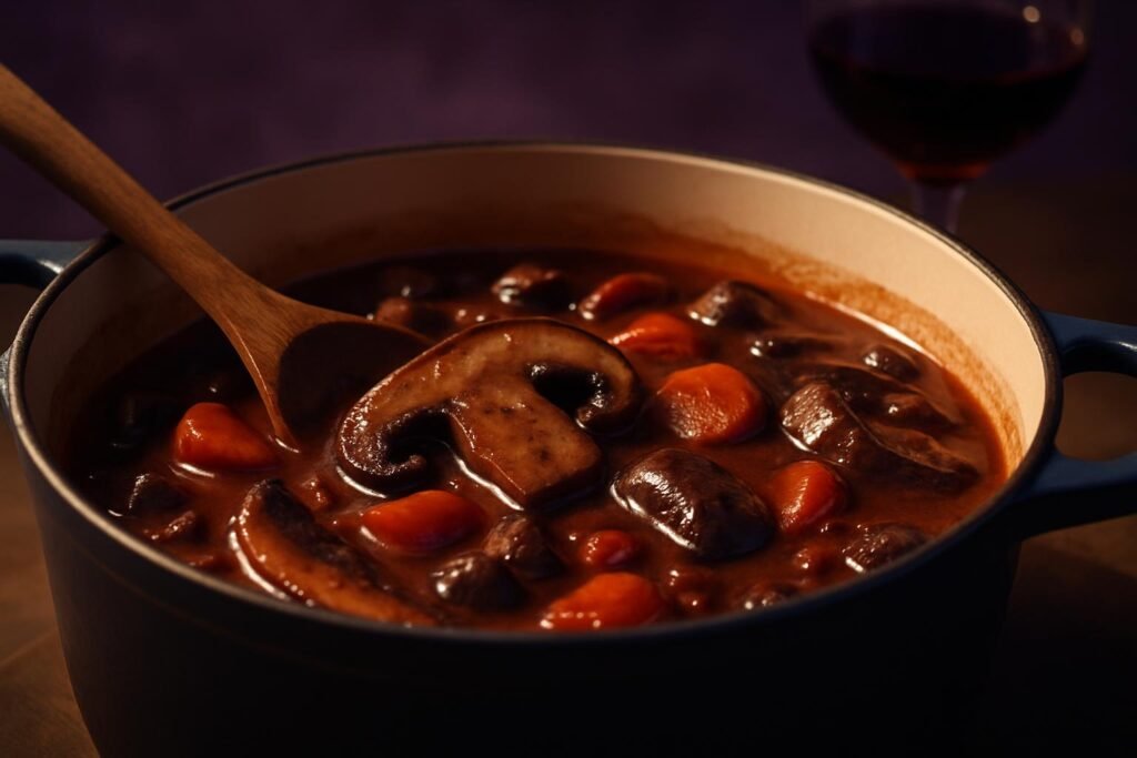 Best Red Wine for Mushroom Bourguignon: What to Pour (and What to Avoid) 2 Cast iron pot of mushroom bourguignon with a glass of red wine behind