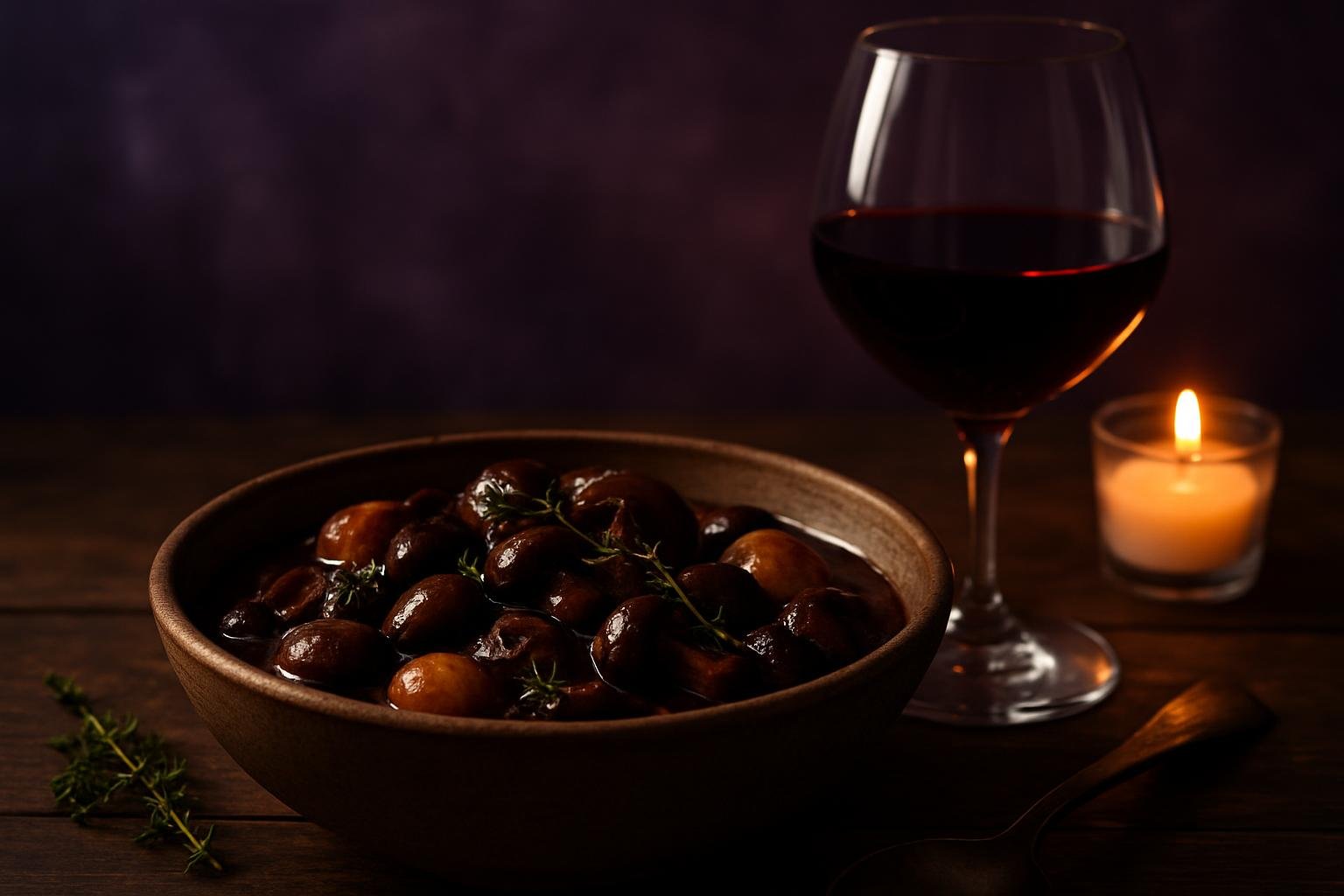 Bowl of mushroom bourguignon with a glass of Pinot Noir