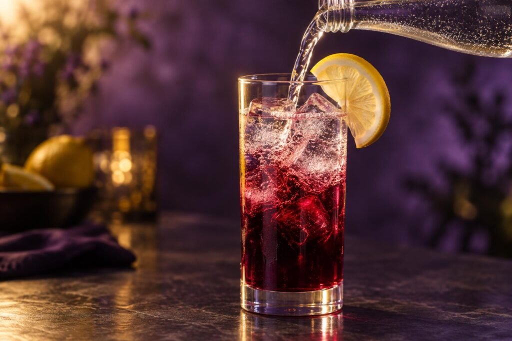 Soda water poured into a glass of red wine over ice