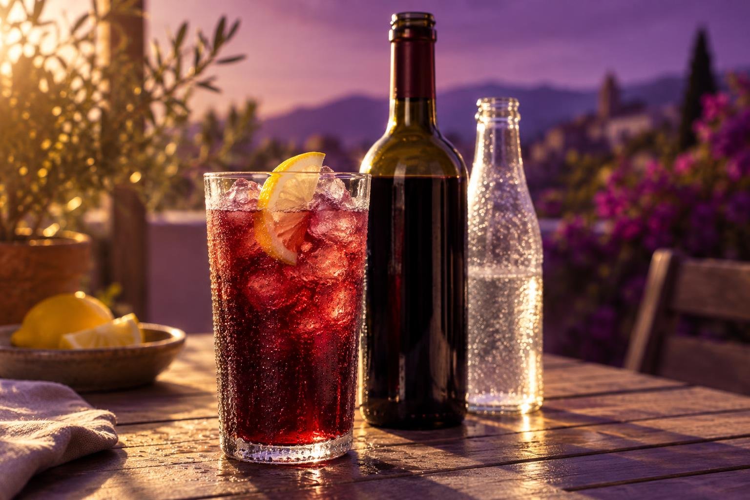A tall glass of red wine and soda over ice with a lemon slice