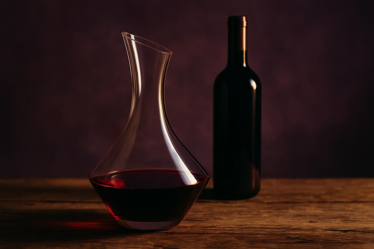 Wide crystal decanter half filled with red wine on a timber table