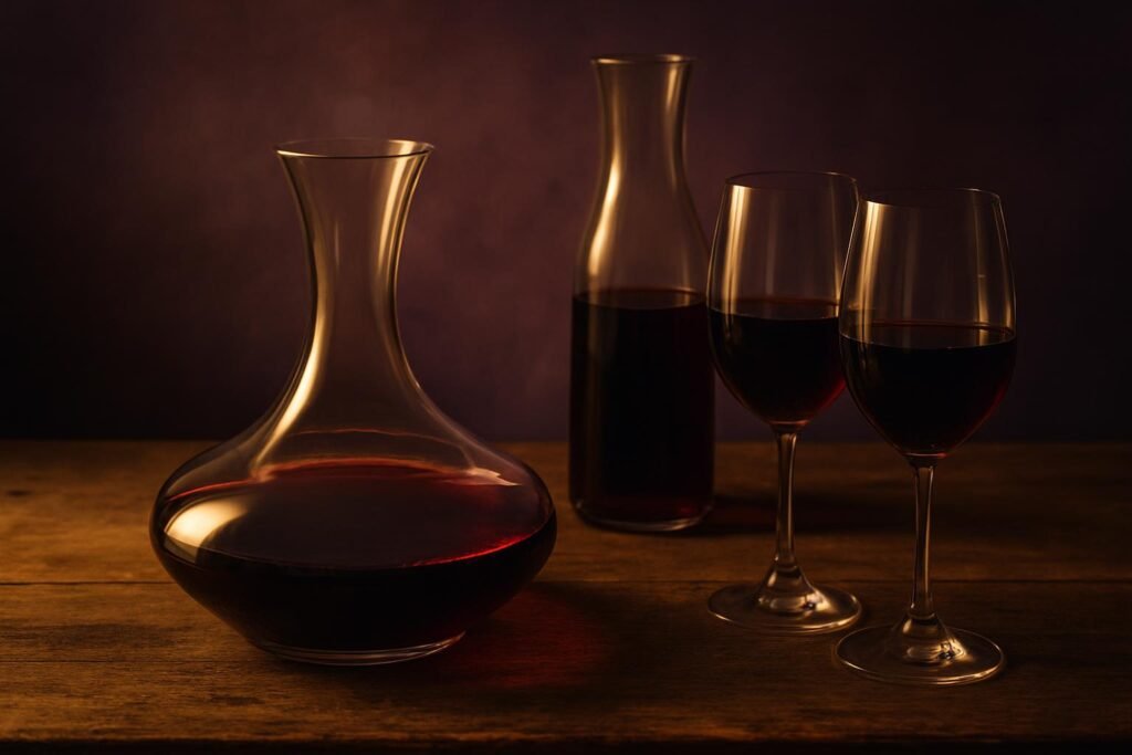 Wide crystal decanter next to a tall narrow carafe and two glasses of red wine