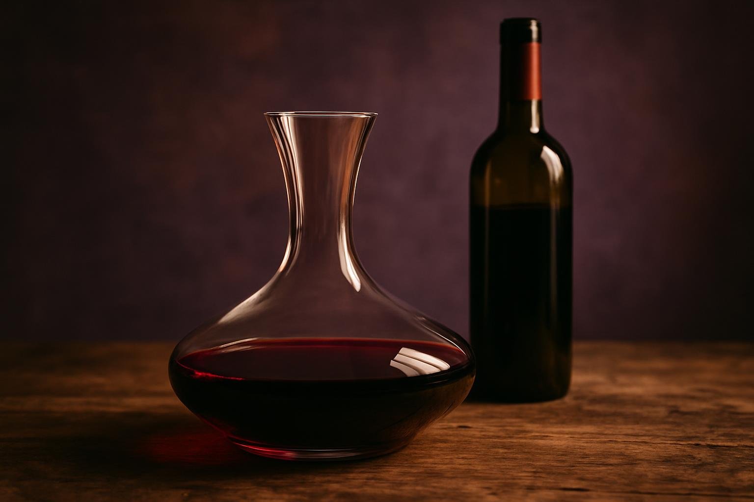 Wide crystal decanter filled with red wine beside an open bottle