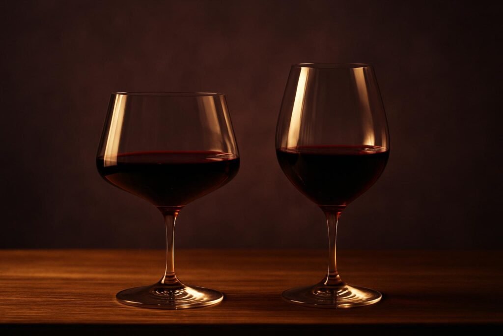 Two red wine glasses side by side with the same pour