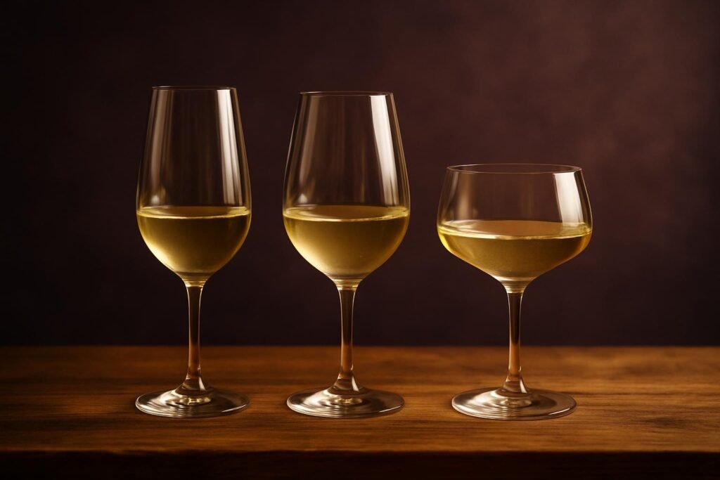 Three white wine glasses side by side holding the same pour