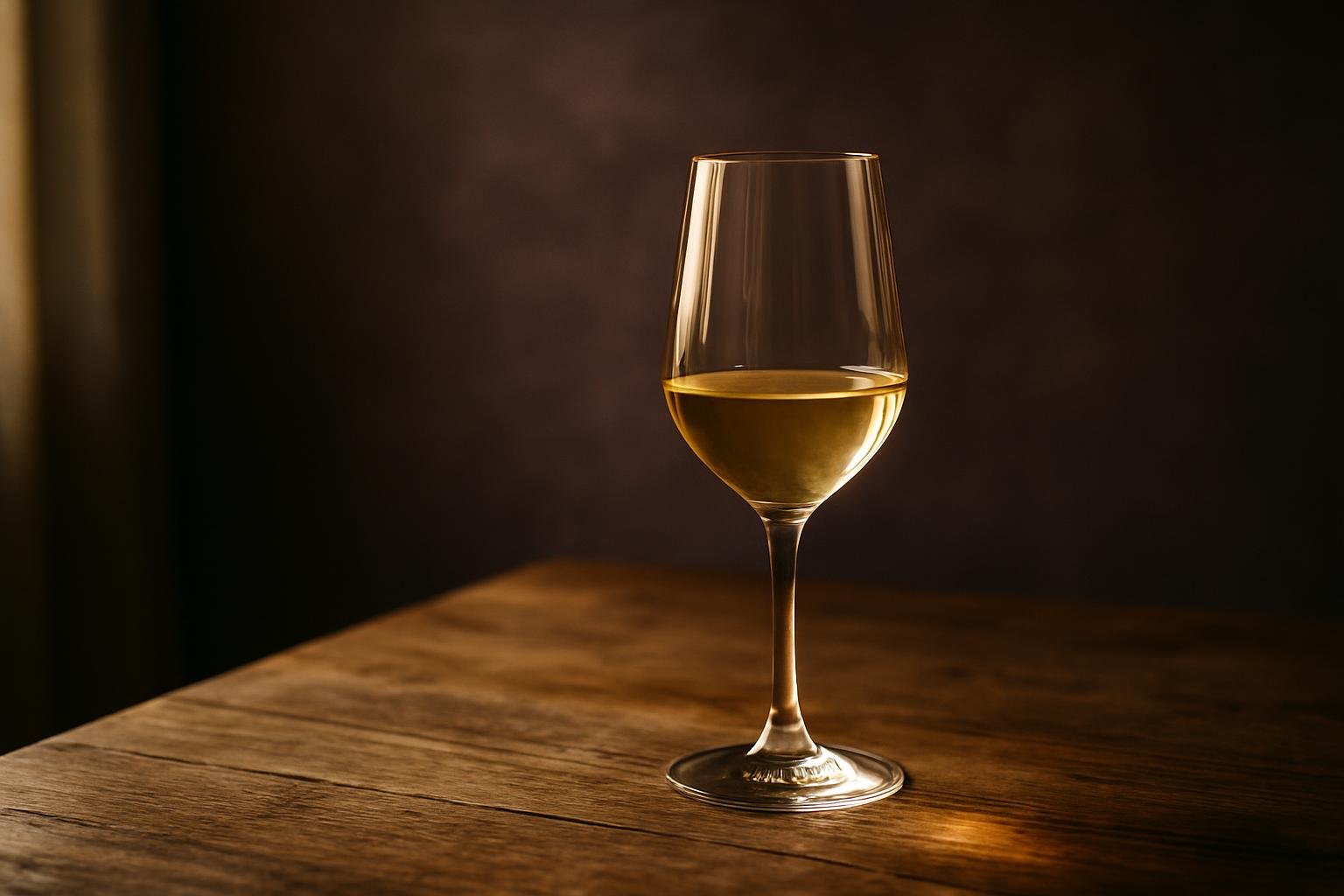 Flat-bottomed crystal wine glass with a small pour of white wine