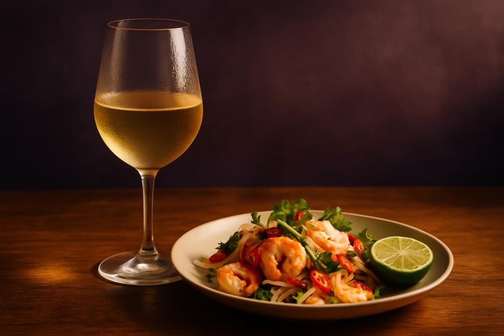 Chilled glass of Riesling beside a Thai prawn salad with chilli and lime