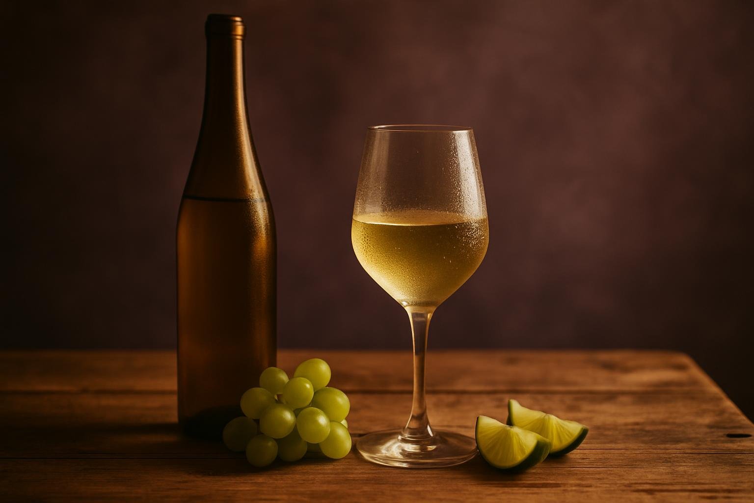 Bottle and chilled glass of Riesling with green grapes and lime on a timber table