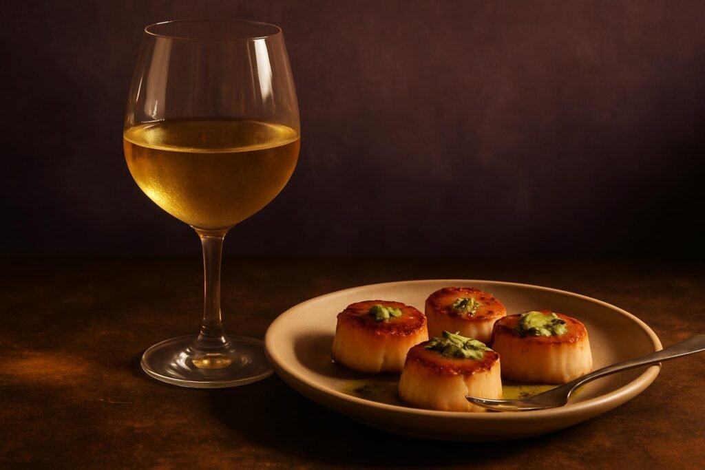 Glass of Roussanne beside seared scallops