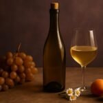 Glass and bottle of Roussanne with russet grapes, apricots and chamomile flowers