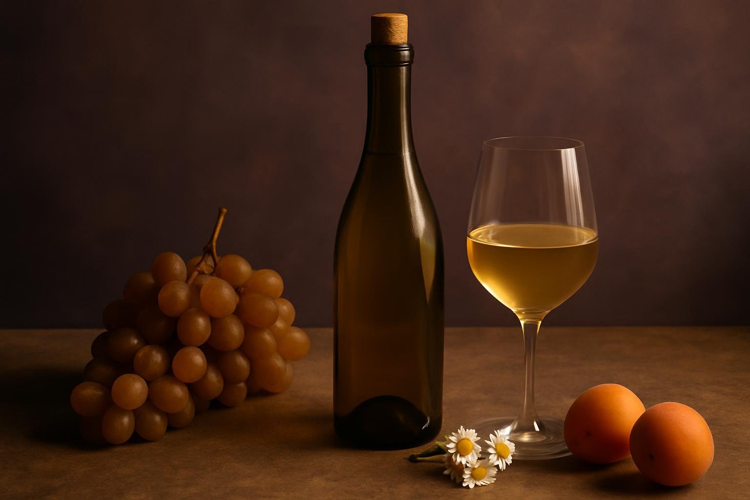 Glass and bottle of Roussanne with russet grapes, apricots and chamomile flowers