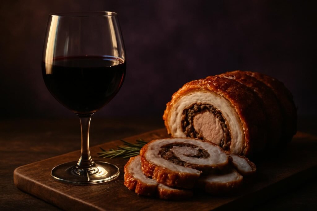 Sagrantino Wine Guide: Italy's Most Tannic Red 2 Glass of Sagrantino beside sliced porchetta