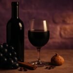 Glass and bottle of Sagrantino with black grapes, cinnamon, cloves and a dried fig