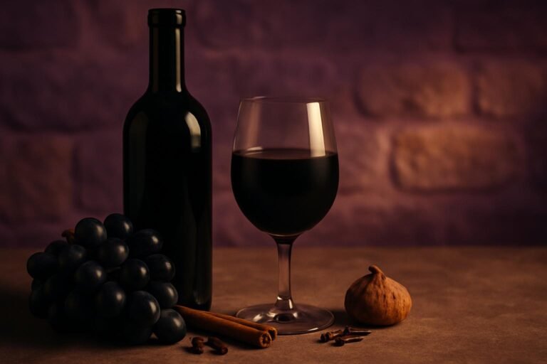 Glass and bottle of Sagrantino with black grapes, cinnamon, cloves and a dried fig