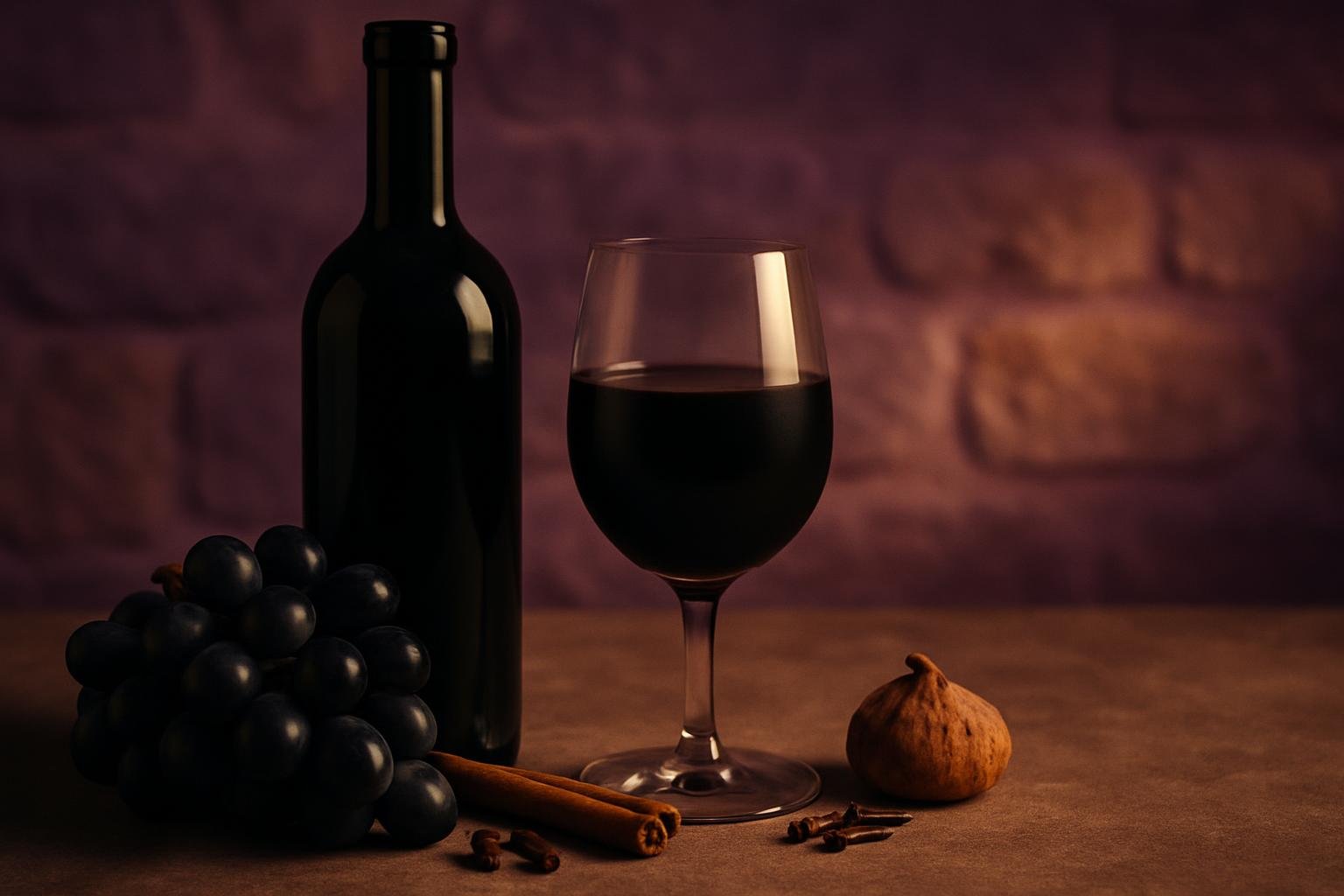 Glass and bottle of Sagrantino with black grapes, cinnamon, cloves and a dried fig