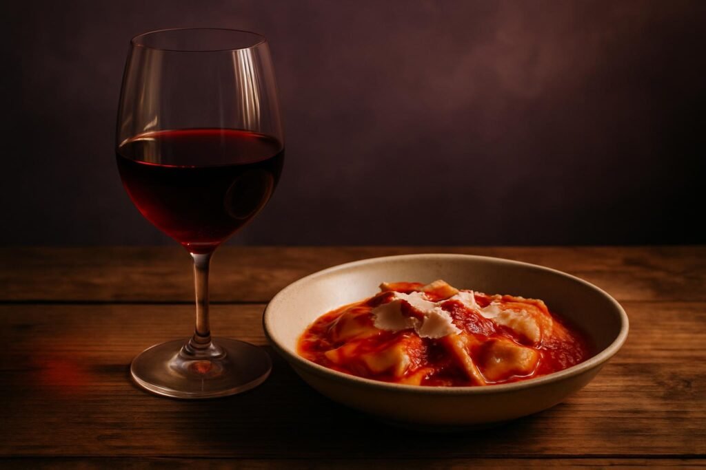Glass of Sangiovese beside ravioli in tomato sauce on a timber table