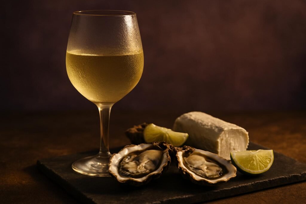 Chilled glass of Sauvignon Blanc beside oysters, goat cheese and lime on a stone platter