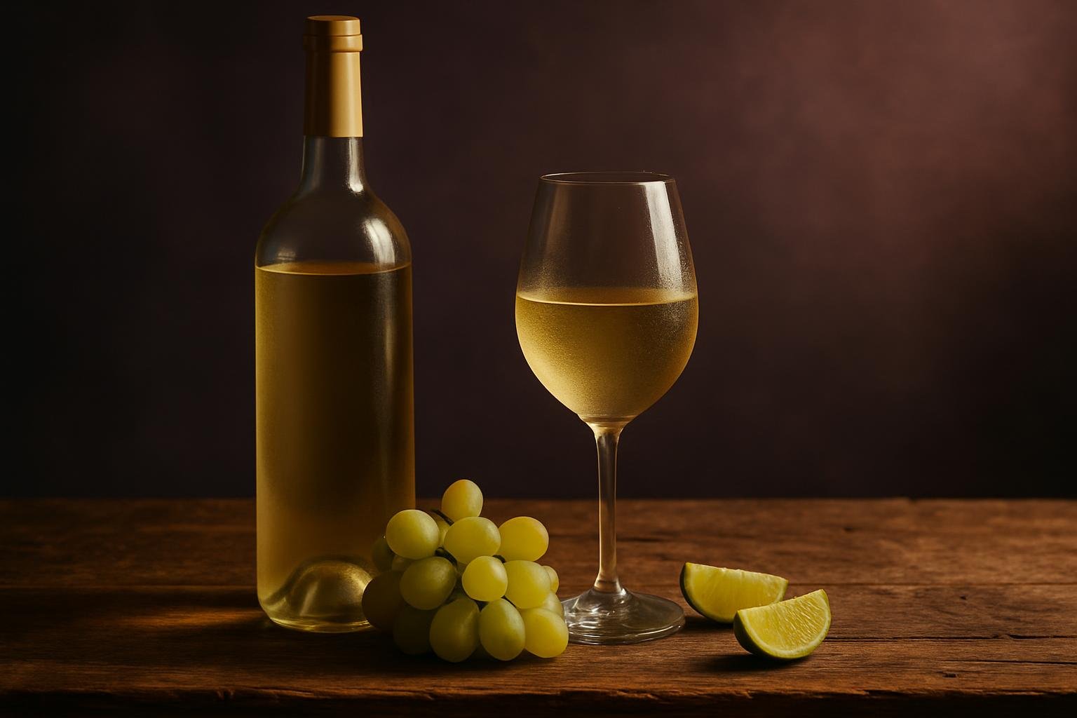 Bottle and chilled glass of Sauvignon Blanc with green grapes and lime on a timber table