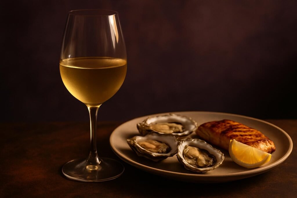Glass of Semillon beside oysters and grilled fish