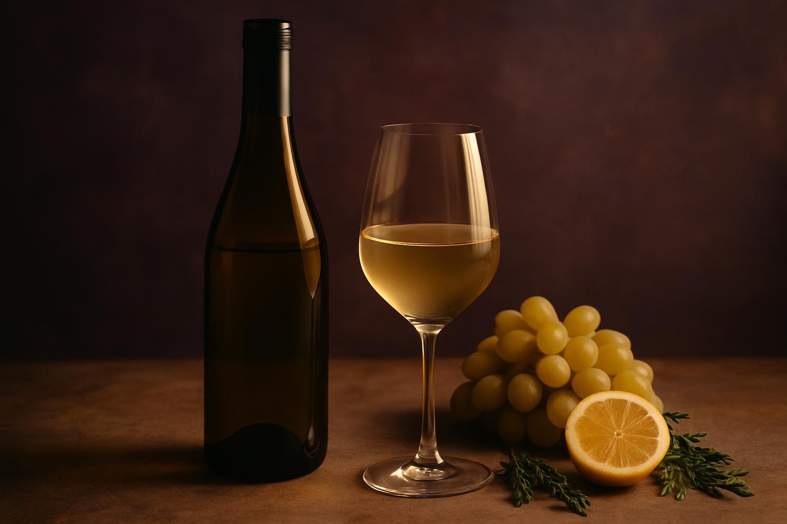 Glass and bottle of Semillon with green grapes, lemon and herbs