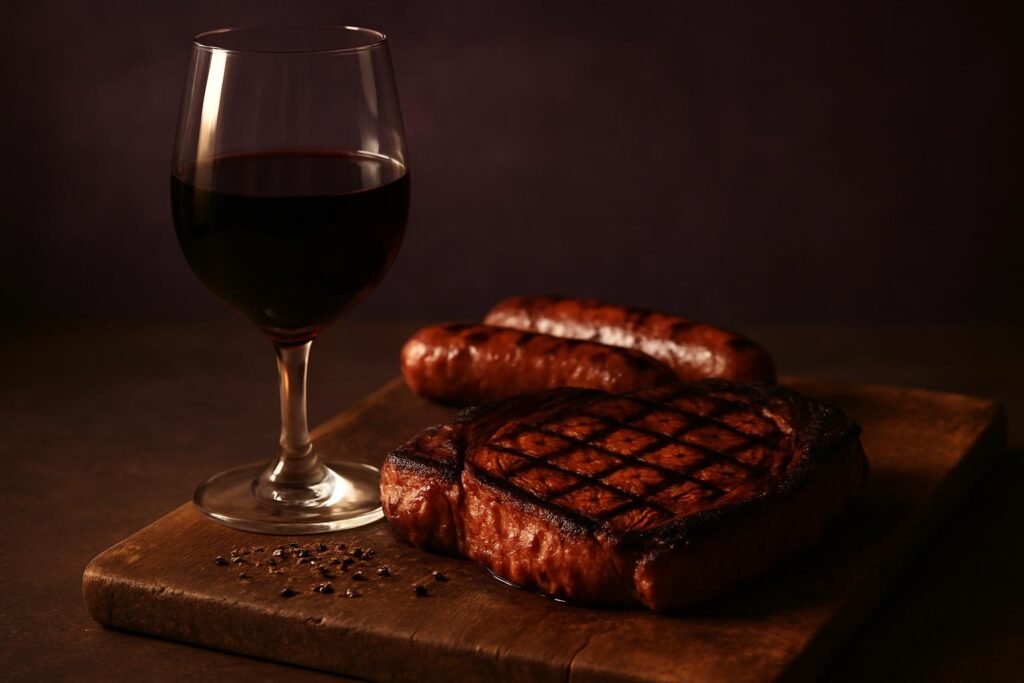 Glass of Shiraz beside chargrilled steak and sausages on a barbecue board