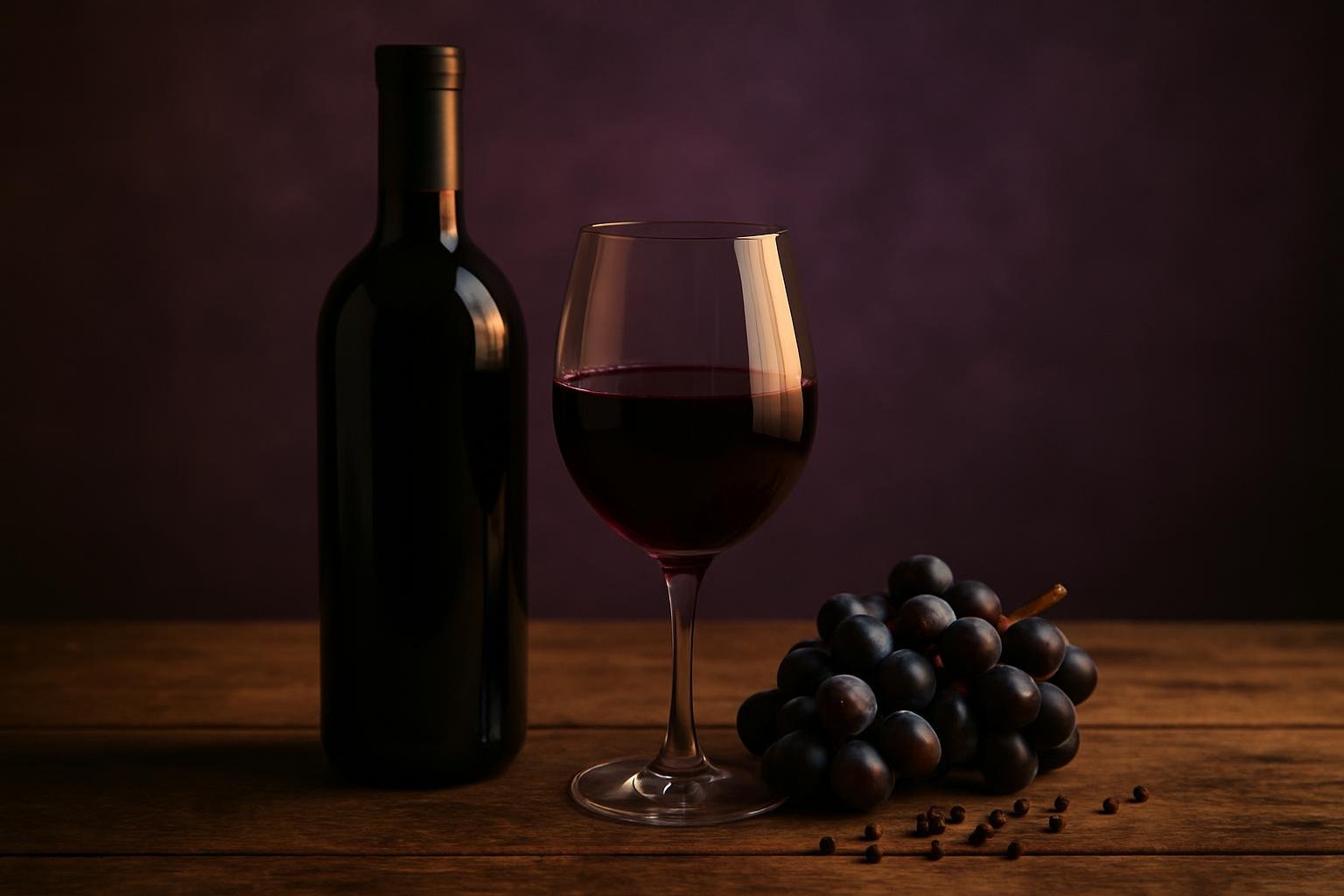 Bottle and glass of Shiraz red wine with dark grapes and black peppercorns on a timber table