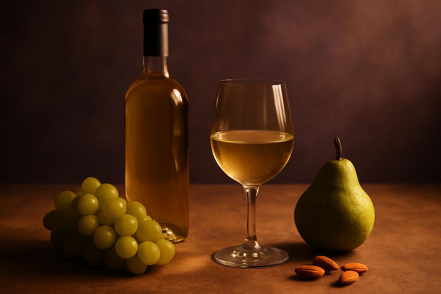 Glass and bottle of Soave with green grapes, almonds and a pear