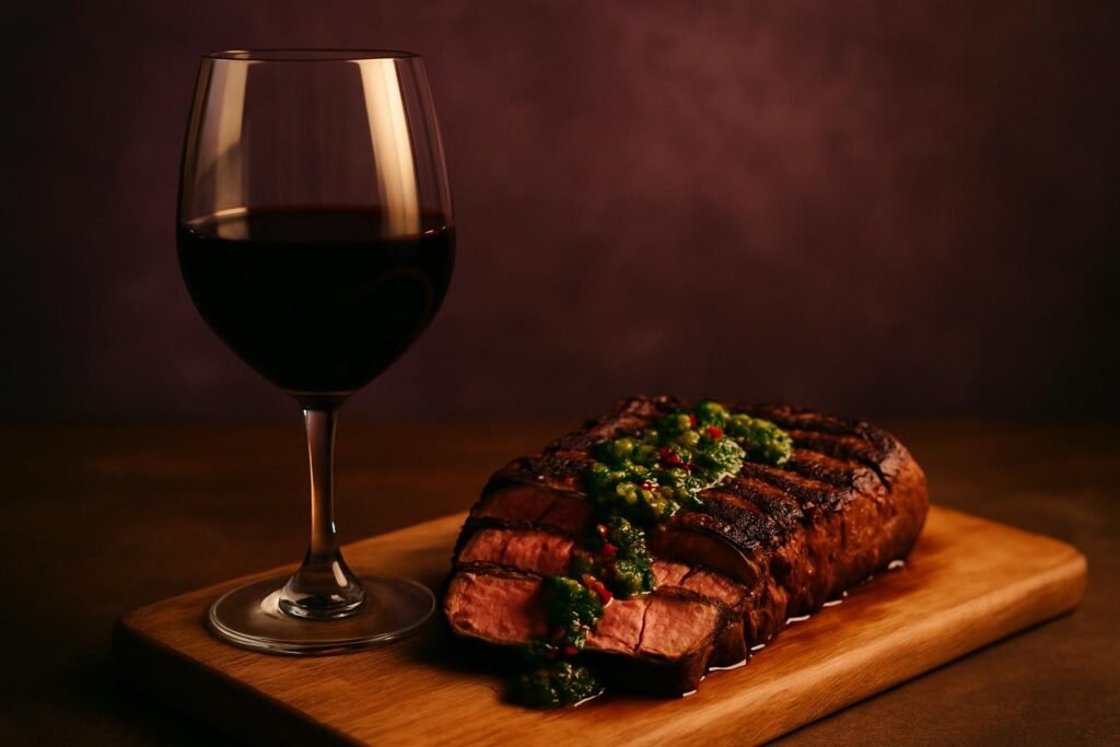 Glass of Tannat beside a grilled steak with chimichurri